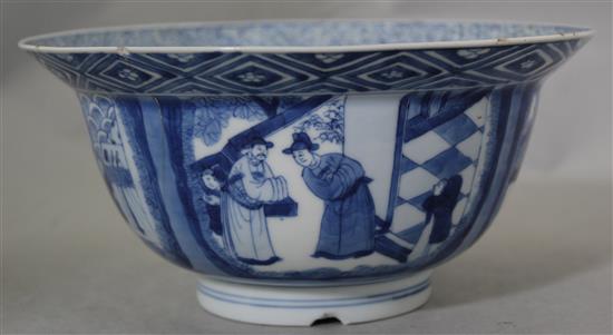 A Chinese blue and white flared bowl, Kangxi six character mark and of the period, 20cm diam., cracked